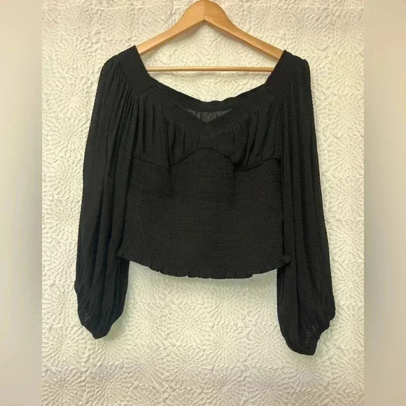 All Saints Sz 10 Tia Top Shirt Black Textured Lightweight Puff Sleeve Boho Chic - Picture 11 of 11
